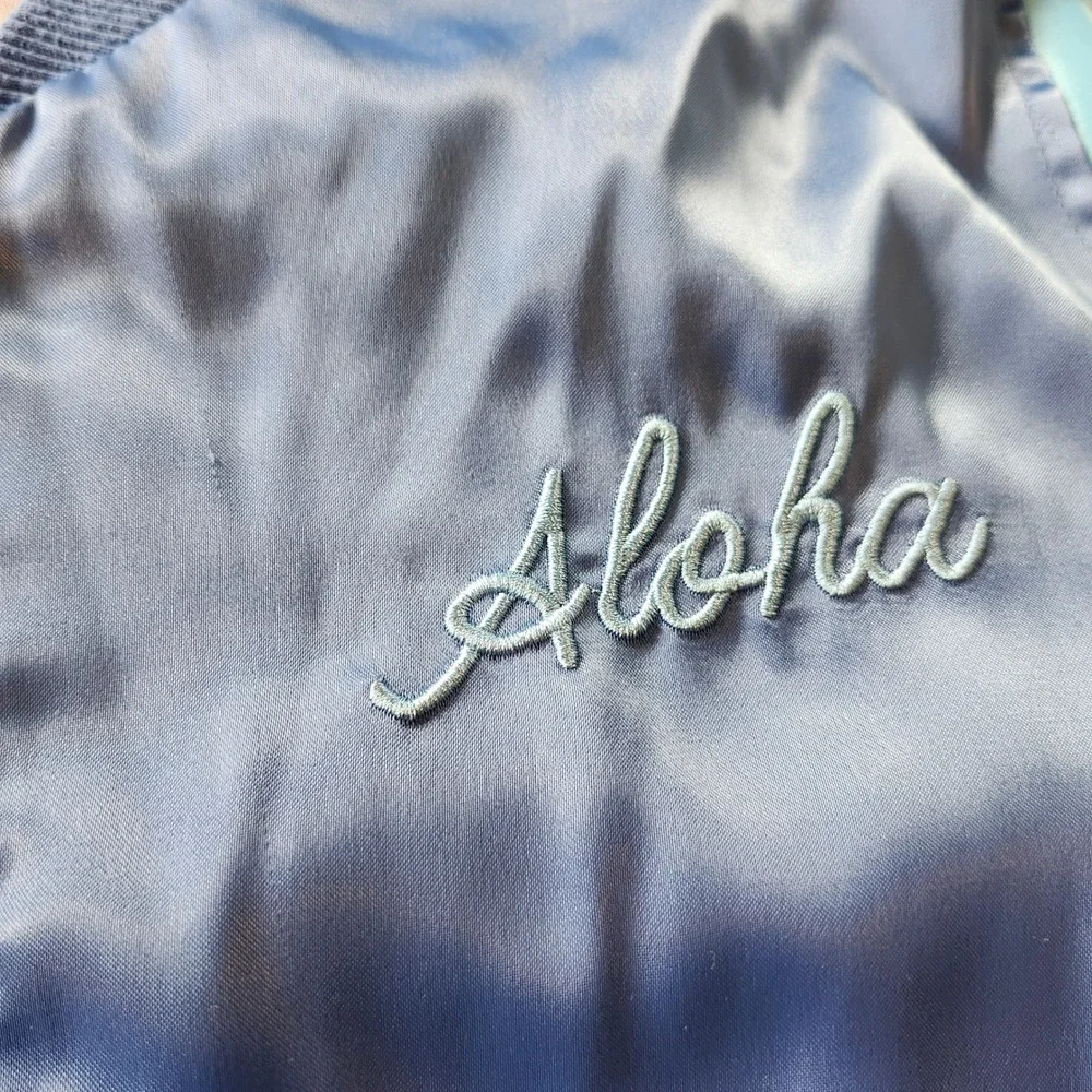 Disney Lilo & Stitch Blue Satin Bomber Jacket Hawaii Embroidered Zip Up Kids Med
